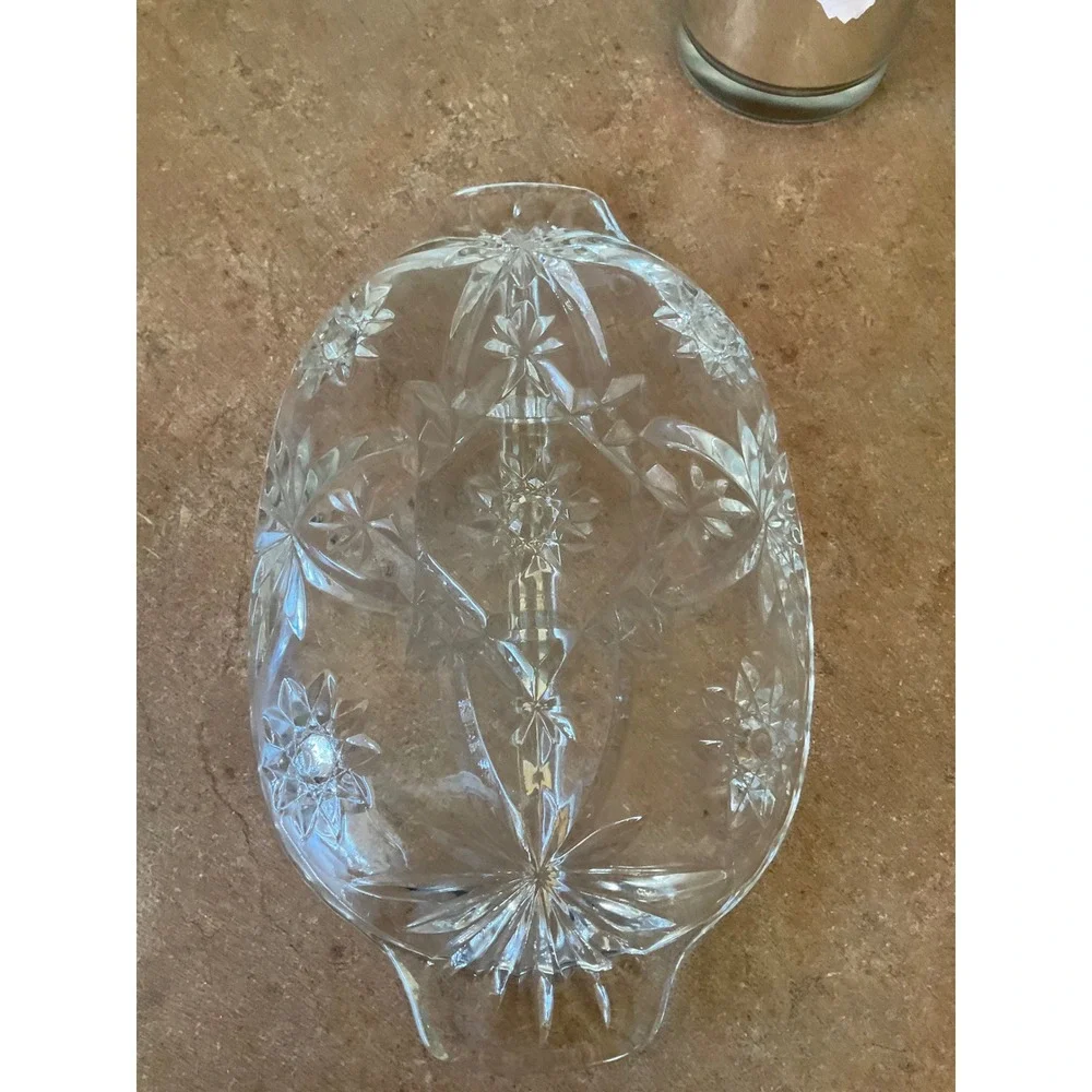 Vintage Clear Pressed Glass Divided Relish Dish Starburst Oval Serving Tray 9.5